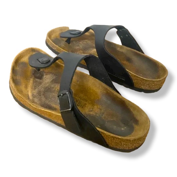 Birkenstock Shoes - Birkenstock Black Leather Gizeh Thong Sandals, Size 9